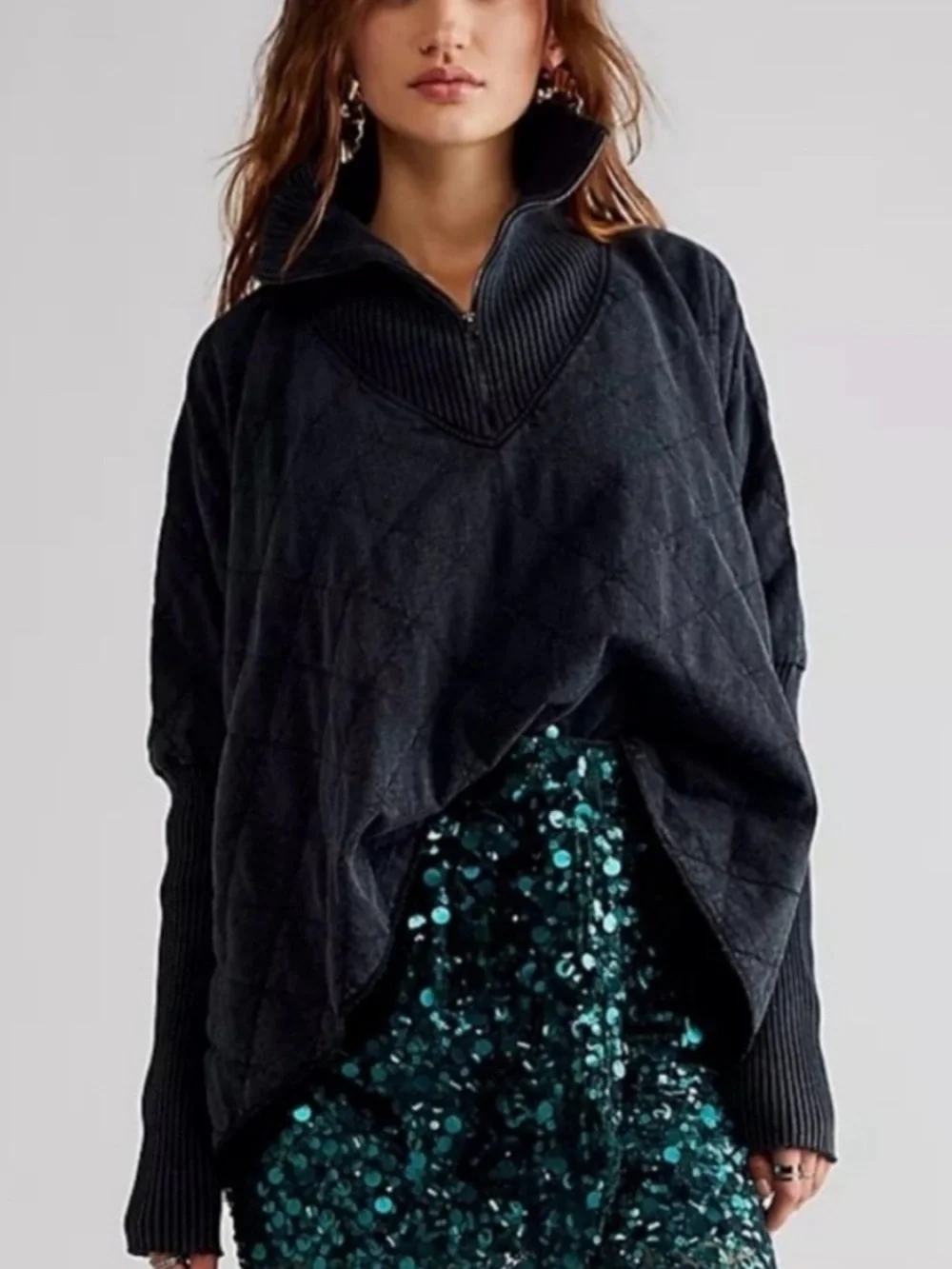 Free People Shiloh 3/4 Zip Quilted Low-High Sweatshirt Charcoal Size Large 25645